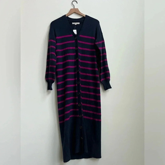 NEW ANN TAYLOR LOFT NAVY BLUE PINK STRIPED LONGLINE CARDIGAN SWEATER MIDI DRESS - Picture 5 of 15
